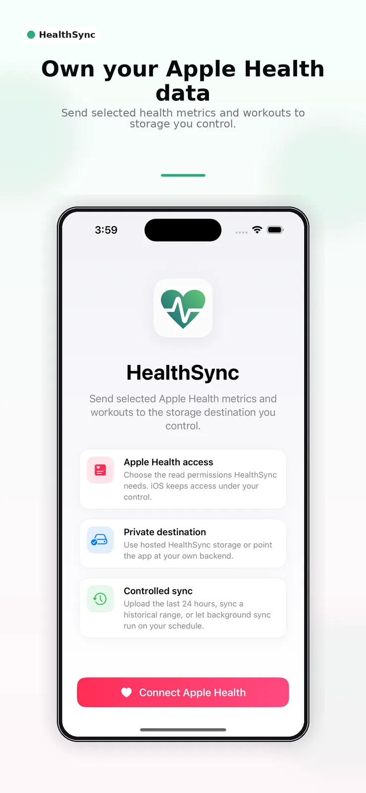 HealthySync iOS app screen selecting Apple Health metrics to sync to a private API
