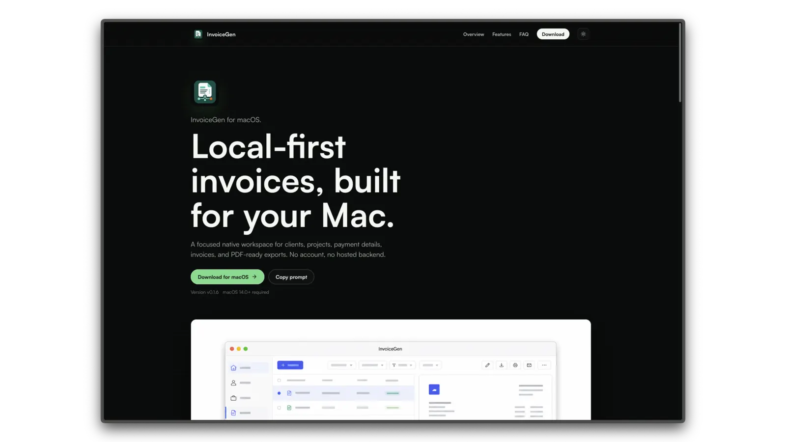 InvoiceGen macOS app showing the local-first client and invoice workspace